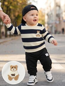 Souflis Souflis Baby Boys Casual Sports Bear Embroidery Decor Blue Striped Crew Neck Sweatshirt And Black Long Pants 2-Piece Set, Suitable For Daily Wear, Matching, Autumn/Winter - Multicolor - View 2