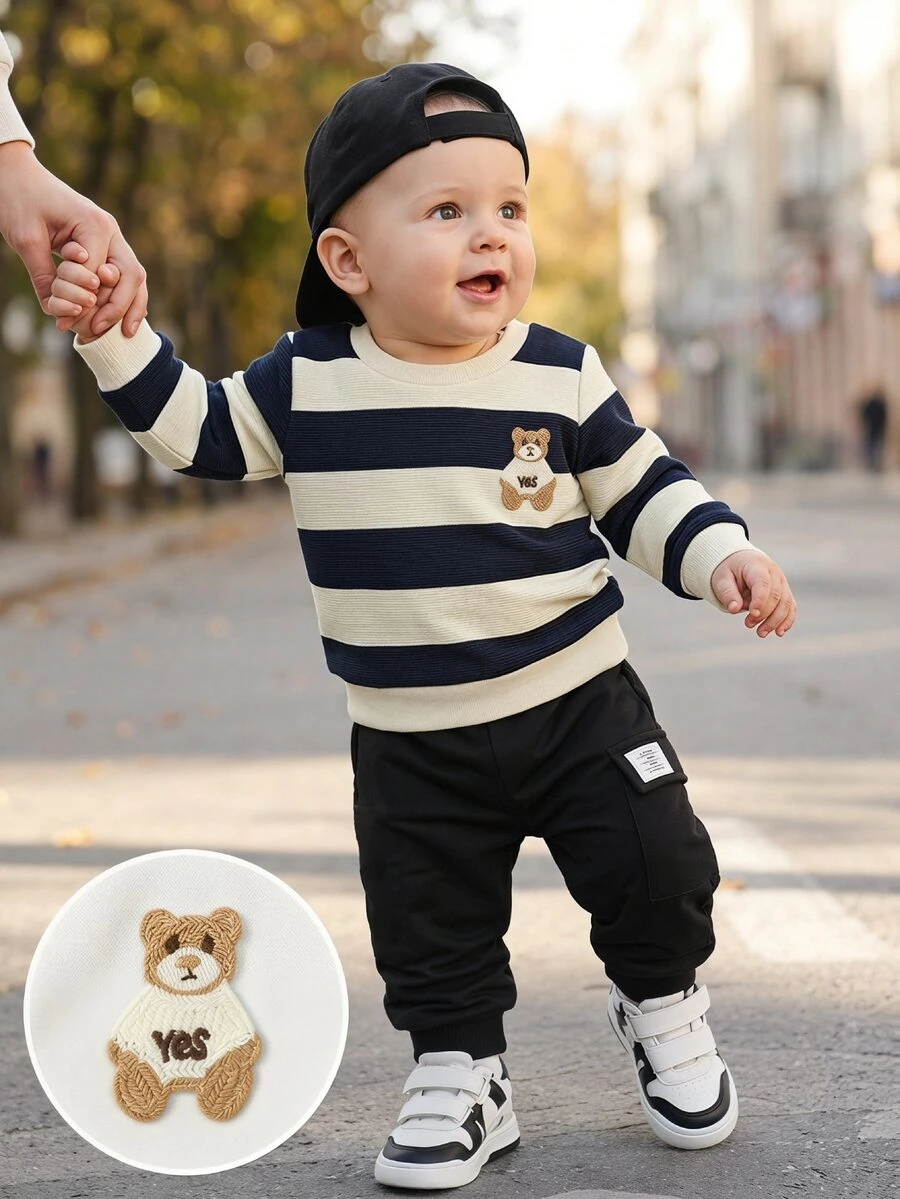 Souflis Souflis Baby Boys Casual Sports Bear Embroidery Decor Blue Striped Crew Neck Sweatshirt And Black Long Pants 2-Piece Set, Suitable For Daily Wear, Matching, Autumn/Winter