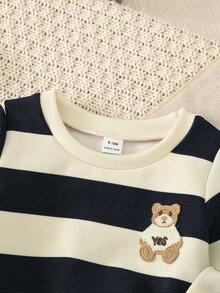 Souflis Souflis Baby Boys Casual Sports Bear Embroidery Decor Blue Striped Crew Neck Sweatshirt And Black Long Pants 2-Piece Set, Suitable For Daily Wear, Matching, Autumn/Winter - Multicolor - View 9