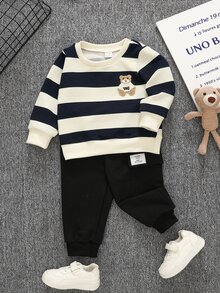 Souflis Souflis Baby Boys Casual Sports Bear Embroidery Decor Blue Striped Crew Neck Sweatshirt And Black Long Pants 2-Piece Set, Suitable For Daily Wear, Matching, Autumn/Winter - Multicolor - View 3