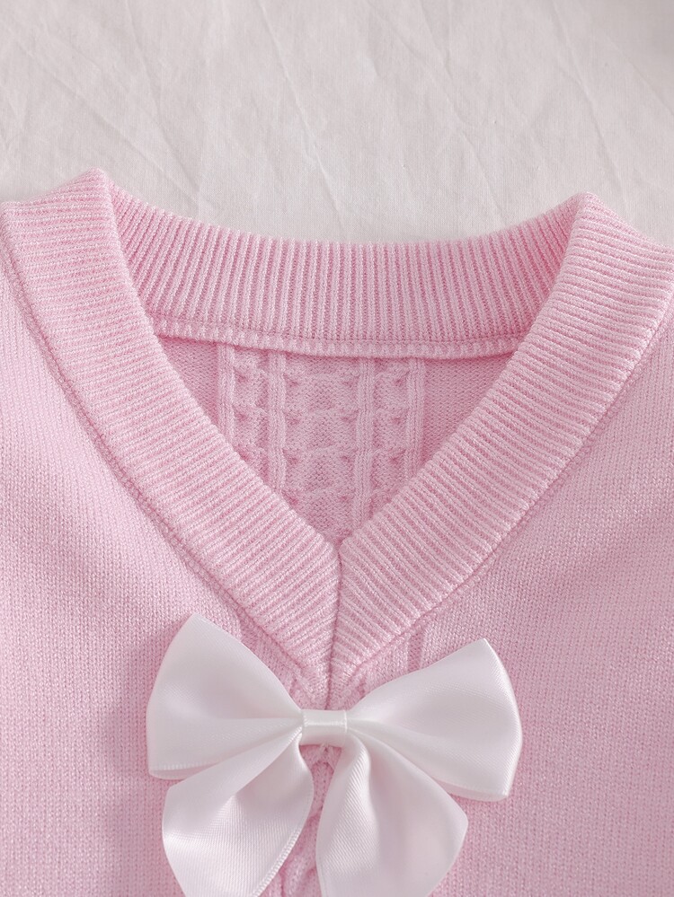 SHEIN Fall Clothes Winter Toddler Girl Pink Cute Long Sleeve Bow Pleated Sweater & Skirt Set, Back To School, Warm Cozy, Festival Outfits Christmas - Pink - View 3