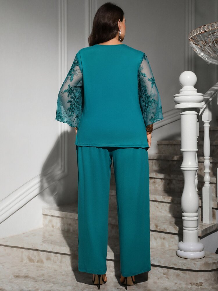 SHEIN Clasi Plus Contrast Lace Asymmetrical Hem Top & Wide Leg Pants - Blue - View 2