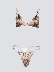 KIZN Leopard Print Triangle Bralette And G-String Thong Lingerie Set With Adjustable Straps For Valentine's Day - Multicolor - View 1