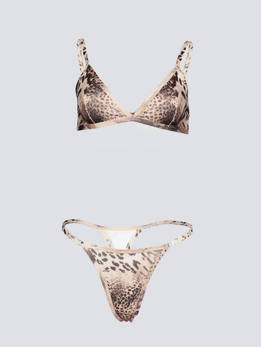 KIZN Leopard Print Triangle Bralette And G-String Thong Lingerie Set With Adjustable Straps For Valentine's Day - Multicolor - View 1