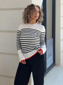 Jeta Ari All-Match Round Neck Casual Versatile Striped Contrast Color Long Sleeve Knit Sweater Striped Long Sleeve Stripes Stripe Top Fall - Black and White - View 5