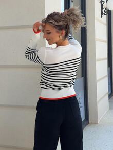 Jeta Ari All-Match Round Neck Casual Versatile Striped Contrast Color Long Sleeve Knit Sweater Striped Long Sleeve Stripes Stripe Top Fall - Black and White - View 2