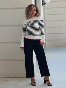 Jeta Ari All-Match Round Neck Casual Versatile Striped Contrast Color Long Sleeve Knit Sweater Striped Long Sleeve Stripes Stripe Top Fall - Black and White - View 6