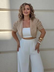 Jeta Ari Women Elegant White Short Sleeve Cropped Jacket Concert Boho Crop Top Summer For Easter Vacation Beach Woman In Fall/Winter Bolero Shrug Cardigan Puff - Khaki - View 1