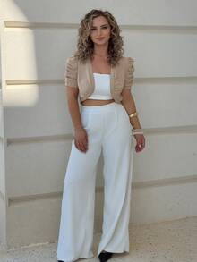 Jeta Ari Women Elegant White Short Sleeve Cropped Jacket Concert Boho Crop Top Summer For Easter Vacation Beach Woman In Fall/Winter Bolero Shrug Cardigan Puff - Khaki - View 3