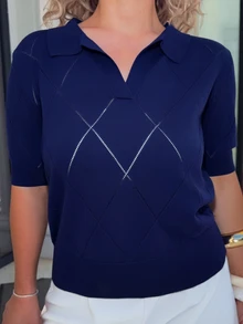 Jeta Ari 女款深藍色 Polo 領菱格紋鉤編短袖套頭針織毛衣，優雅簡約休閒通勤約會日常度假日畢業季音樂節顯瘦百搭高級夏季社交節日派對出遊海灘辦公室法式復古清新 - 藏蓝色 - 查看 4