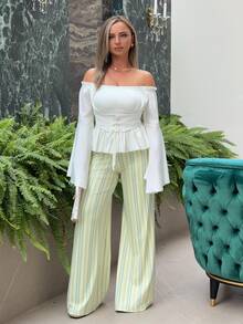 Jeta Ari Women's White Off Shoulder Lace Up Front Ruched Bust Blouse,Long Bell Sleeves Peplum Hem Top,Elegant Renaissance Vintage Tea Party Summer Clothing - White - View 5