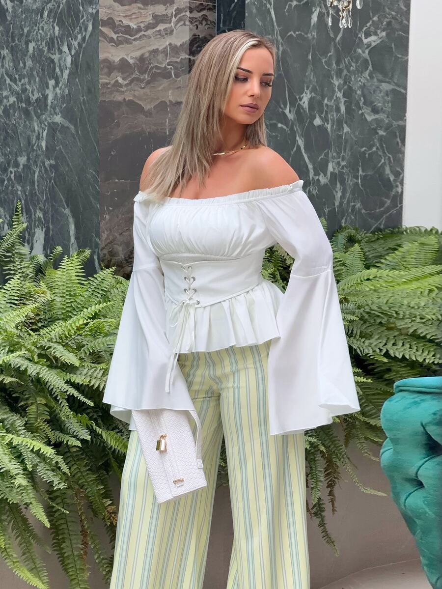 Jeta Ari Women's White Off Shoulder Lace Up Front Ruched Bust Blouse,Long Bell Sleeves Peplum Hem Top,Elegant Renaissance Vintage Tea Party Summer Clothing - White - View 1
