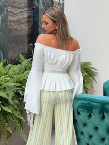 Jeta Ari Women's White Off Shoulder Lace Up Front Ruched Bust Blouse,Long Bell Sleeves Peplum Hem Top,Elegant Renaissance Vintage Tea Party Summer Clothing - White - View 2
