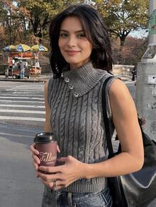 Flora Isola Flora Isola 優雅高領無袖麻花編織設計女款毛衣 - 灰色 - 查看 7