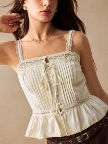 Willow Rêve Women's Lace Patchwork Embroidered Pattern Vintage Romantic Camisole Top - Beige - View 7