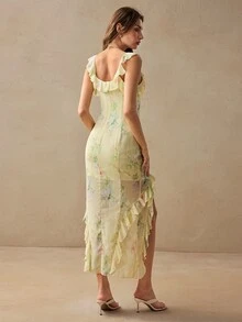 Willow Rêve Women's Pale Yellow Floral Print Ruffle Collar Irregular Ruffle Hem Romantic Camisole Dress, Vacation Romantic Style, Valentine's Day,  Sweet Style - Light Yellow - View 3