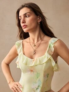 Willow Rêve Women's Pale Yellow Floral Print Ruffle Collar Irregular Ruffle Hem Romantic Camisole Dress, Vacation Romantic Style, Valentine's Day,  Sweet Style - Light Yellow - View 6