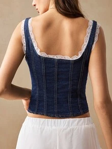 Willow Rêve 女款對比蕾絲鏤空綁帶時尚無袖牛仔上衣 外出穿搭上衣 秋季穿搭 - 藍色 - 查看 3