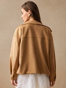 Willow Rêve Jaket Wanita Bahan Suede Warna Cokelat Muda dengan Kerah Tegak, Cocok untuk Sehari-hari, Jalan-jalan, Musim Gugur, Kasual, dan Retro. - Khaki - View 3