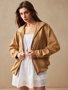 Willow Rêve Jaket Wanita Bahan Suede Warna Cokelat Muda dengan Kerah Tegak, Cocok untuk Sehari-hari, Jalan-jalan, Musim Gugur, Kasual, dan Retro. - Khaki - View 5