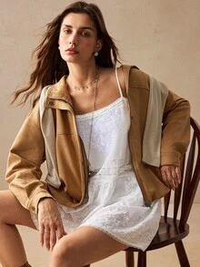 Willow Rêve Jaket Wanita Bahan Suede Warna Cokelat Muda dengan Kerah Tegak, Cocok untuk Sehari-hari, Jalan-jalan, Musim Gugur, Kasual, dan Retro. - Khaki - View 6