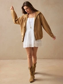 Willow Rêve Jaket Wanita Bahan Suede Warna Cokelat Muda dengan Kerah Tegak, Cocok untuk Sehari-hari, Jalan-jalan, Musim Gugur, Kasual, dan Retro. - Khaki - View 4