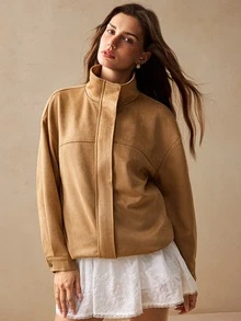 Willow Rêve Jaket Wanita Bahan Suede Warna Cokelat Muda dengan Kerah Tegak, Cocok untuk Sehari-hari, Jalan-jalan, Musim Gugur, Kasual, dan Retro. - Khaki - View 8