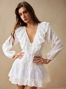 Willow Rêve Women's Bohemian White Deep V-Neck Ruffle Puff Sleeve Mini Dress, Vacation Style, Boho Style, Valentine's Day,Elegant Short Dresses,Summer Dresses - White - View 9