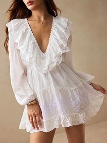 Willow Rêve Women's Bohemian White Deep V-Neck Ruffle Puff Sleeve Mini Dress, Vacation Style, Boho Style, Valentine's Day,Elegant Short Dresses,Summer Dresses - White - View 8