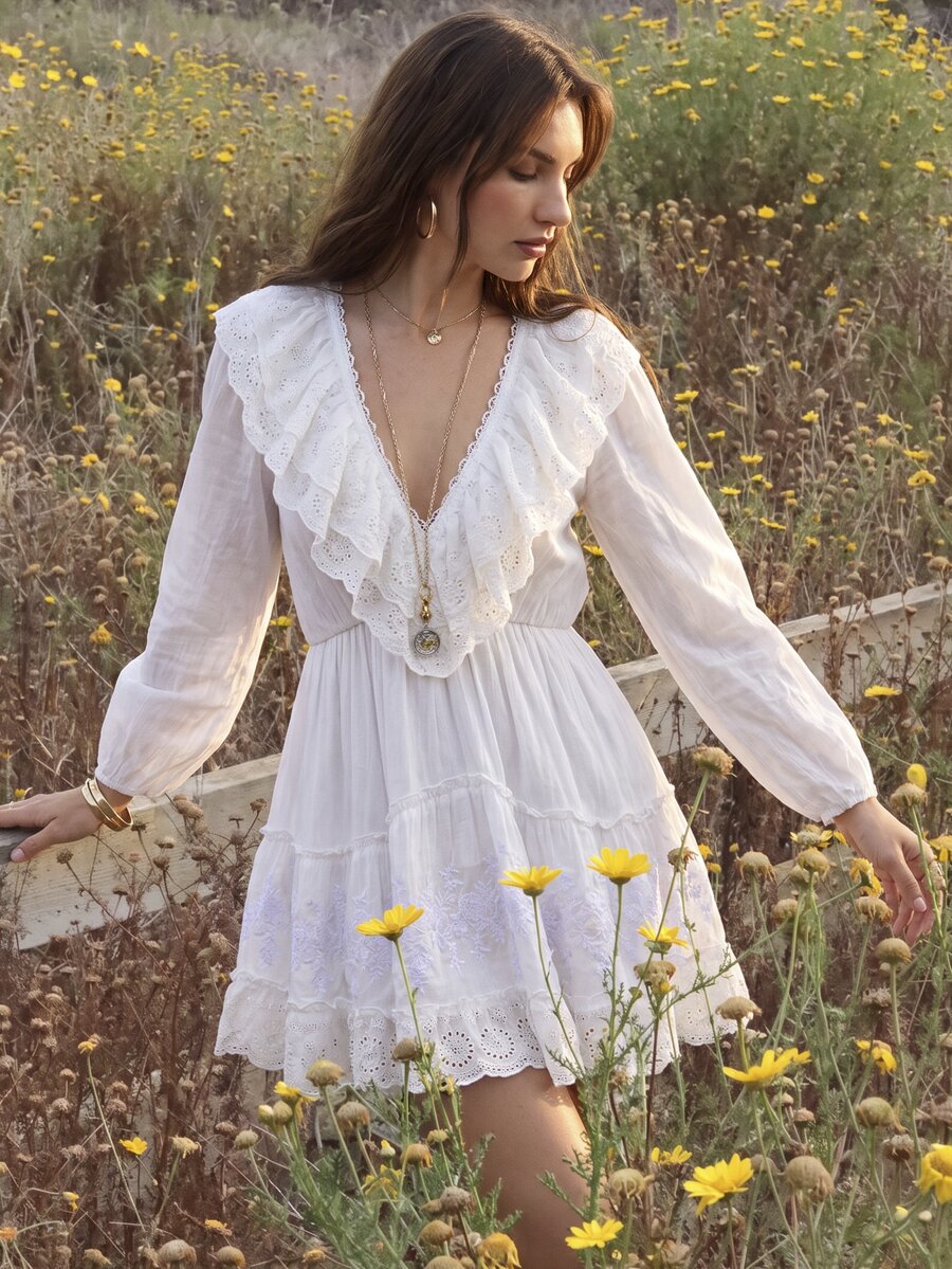 Willow Rêve Women's Bohemian White Deep V-Neck Ruffle Puff Sleeve Mini Dress, Vacation Style, Boho Style, Valentine's Day,Elegant Short Dresses,Summer Dresses - White - View 1