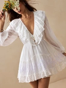 Willow Rêve Women's Bohemian White Deep V-Neck Ruffle Puff Sleeve Mini Dress, Vacation Style, Boho Style, Valentine's Day,Elegant Short Dresses,Summer Dresses - White - View 7