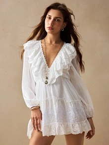 Willow Rêve Women's Bohemian White Deep V-Neck Ruffle Puff Sleeve Mini Dress, Vacation Style, Boho Style, Valentine's Day,Elegant Short Dresses,Summer Dresses - White - View 5