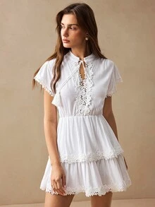 Willow Rêve Women's White Embroidered Ruffle V-Neck Mini Dress, Romantic Vacation Style, Valentine's Day, Boho Style,Elegant Short Dresses,Summer Dresses - White - View 8