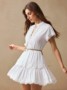 Willow Rêve Women's White Embroidered Ruffle V-Neck Mini Dress, Romantic Vacation Style, Valentine's Day, Boho Style,Elegant Short Dresses,Summer Dresses - White - View 7