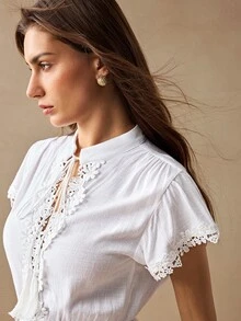 Willow Rêve Women's White Embroidered Ruffle V-Neck Mini Dress, Romantic Vacation Style, Valentine's Day, Boho Style,Elegant Short Dresses,Summer Dresses - White - View 10