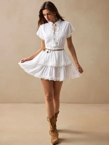 Willow Rêve Women's White Embroidered Ruffle V-Neck Mini Dress, Romantic Vacation Style, Valentine's Day, Boho Style,Elegant Short Dresses,Summer Dresses - White - View 5
