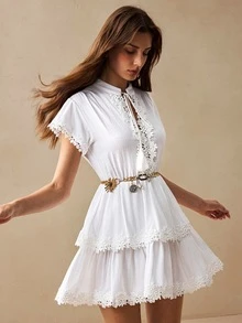 Willow Rêve Women's White Embroidered Ruffle V-Neck Mini Dress, Romantic Vacation Style, Valentine's Day, Boho Style,Elegant Short Dresses,Summer Dresses - White - View 2