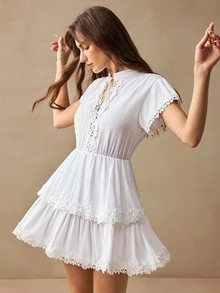 Willow Rêve Women's White Embroidered Ruffle V-Neck Mini Dress, Romantic Vacation Style, Valentine's Day, Boho Style,Elegant Short Dresses,Summer Dresses - White - View 6