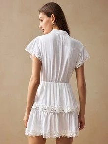 Willow Rêve Women's White Embroidered Ruffle V-Neck Mini Dress, Romantic Vacation Style, Valentine's Day, Boho Style,Elegant Short Dresses,Summer Dresses - White - View 3