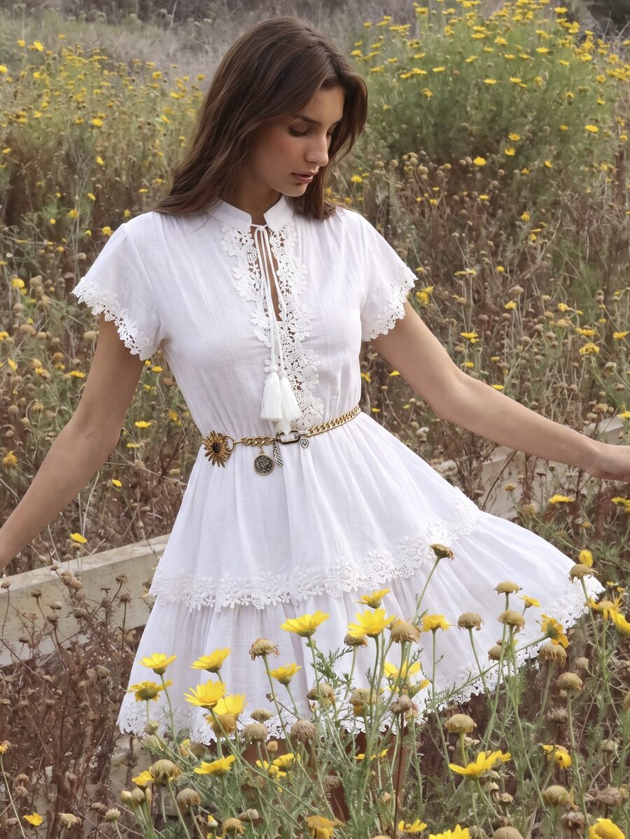 Willow Rêve Women's White Embroidered Ruffle V-Neck Mini Dress, Romantic Vacation Style, Valentine's Day, Boho Style,Elegant Short Dresses,Summer Dresses - White - View 1