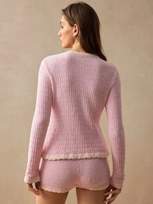 Willow Rêve 女款淺粉色仿粗花呢格紋紋理針織開襟衫，休閒浪漫優雅度假風，情人節秋季約會上衣 - 粉色 - 查看 3
