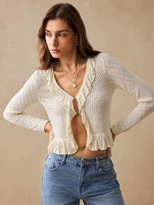 Willow Rêve Women's Beige Ruffle Trim Long Sleeve Fitted Cardigan Sweater,Summer Cardigan,Women's Cardigan,Cardigan,Tops - Beige - View 5