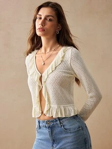 Willow Rêve Women's Beige Ruffle Trim Long Sleeve Fitted Cardigan Sweater,Summer Cardigan,Women's Cardigan,Cardigan,Tops - Beige - View 7