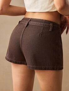 Willow Rêve Women'S Casual Versatile Daily Denim Skorts With Eyelet Buckle Design Vacation Outfits - Brown - View 3