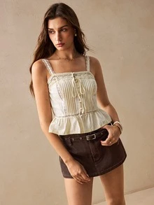 Willow Rêve Women'S Casual Versatile Daily Denim Skorts With Eyelet Buckle Design Vacation Outfits - Brown - View 5