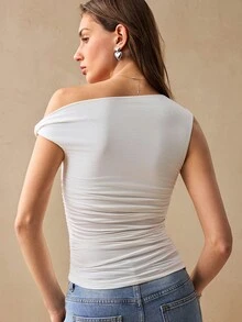 Willow Rêve Women's White Asymmetric Ruched Knit Fitted Top, Casual Style,White Top,Sleeveless Top,Summer Tops,Going Out Tops - White - View 3