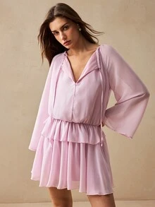 Willow Rêve Women's Light Pink Bohemian Cottagecore Tie Front Ruffle Mini Dress, Vacation Style, Boho, Autumn, Elegant Short, Casual Brunch Picnic - Baby Pink - View 8