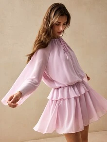 Willow Rêve Women's Light Pink Bohemian Cottagecore Tie Front Ruffle Mini Dress, Vacation Style, Boho, Autumn, Elegant Short, Casual Brunch Picnic - Baby Pink - View 6