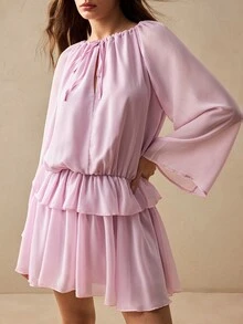 Willow Rêve Women's Light Pink Bohemian Cottagecore Tie Front Ruffle Mini Dress, Vacation Style, Boho, Autumn, Elegant Short, Casual Brunch Picnic - Baby Pink - View 7