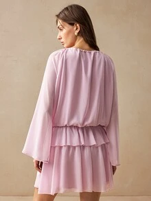 Willow Rêve Women's Light Pink Bohemian Cottagecore Tie Front Ruffle Mini Dress, Vacation Style, Boho, Autumn, Elegant Short, Casual Brunch Picnic - Baby Pink - View 3
